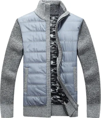 Produktbild von ASKSA Herren Stehkragen Strickjacke Warm Fleece Gestrickt Cardigan Wintermantel mit Reissverschluss Mantel, Hellgrau, XXL