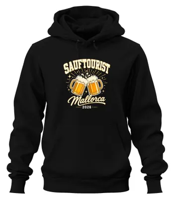 Produktbild von SAUFTOURIST Mallorca 2026 Party Saufen Malle Ballermann Hoodie Kapuzenpullover, Schwarz, L