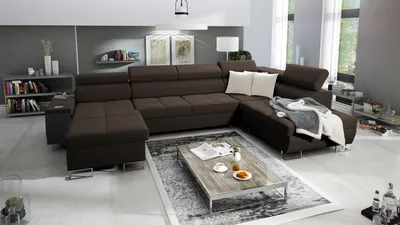 Produktbild von Wohnzimmer Couch Wohnlandschaft in U-Form MOREN VI Big Sofa Ecksofa Ottomane Links Eckcouch mit Schlaffunktion Braun Stoff SAWANA 26