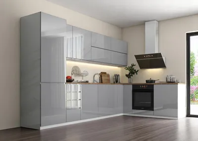 Produktbild von Winkelküche – Eckküche – Küchenzeile L-Form – Komplettküche – Küchenzeile – Velmora – K54-G330 L – 330 x 210 cm – Grau Hochglanz Ohne Arbeitsplatte