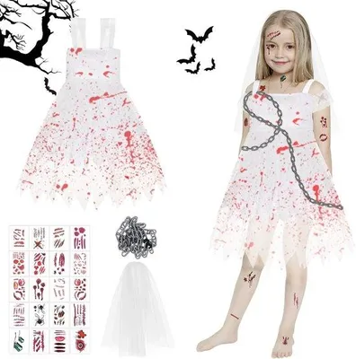 Productafbeelding van Zombie Bruidskostuum meisjes, zombiekostuum kinderen, horror bruidsjurk wit, Halloween kostuum