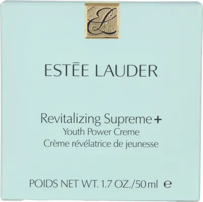 The image shows the front packaging of an Estee Lauder Revitalizing Supreme+ Youth Power Cream.