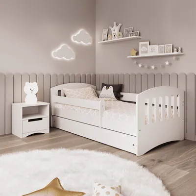 Produktbild von Kinderbett 180x80 mit Matratze, Rausfallschutz, Lattenrost & Schublade in weiß 80 x 180 Mädchen Jungen Bett Skandi Jugendbett