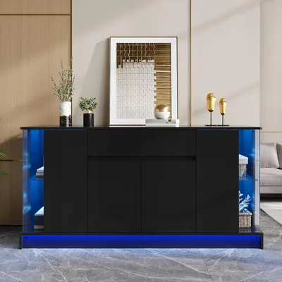 Produktbild von Merax Hochglanz Sideboard mit 2 Glasvitrinen, Kommode mit Schublade und Türen, Anrichte mit AppLED-Beleuchtung, Wohnzimmerschrank, Spanplatte, Schwarz
