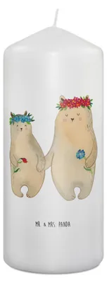 Produktbild von Mr. & Mrs. Panda Kerze Bären mit Blumenkranz 19 x 8 cm - Weiß - Geschenk, Kinder, Bär, Stumpenkerze, Erinnerungskerze, Mutti, Bedruckte, Blockkerze, Erinnerungslicht
