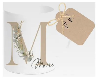 Produktbild von Tasse mit Buchstaben und Initialen, personalisierte Kaffeetasse mit Namen, Eukalyptus Design, Geschenk für Frauen