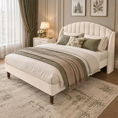 Zdjęcie produktu dla Łóżko tapicerowane INONEFT, 140x190 cm, podwójne, z listwowym materacem, rama łóżka z zagłówkiem, idealne dla młodzieży i dorosłych, łóżko gościnne, obite welurem, kolor beżowy