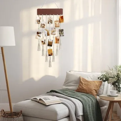 Macrame Fotodisplay Wanddekoration mit 35 Clips und 7 Hängeoptionen, Kreative DIY Bilderrahmen für mehrere Fotos, Holz