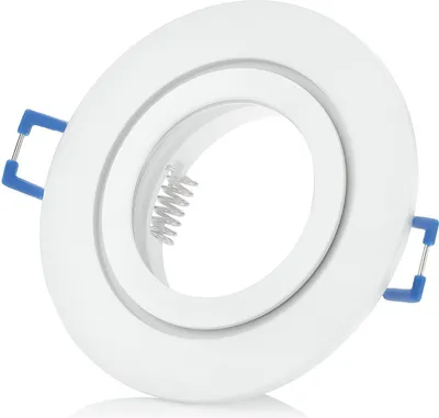 A white recessed light fixture with blue spring clips, shown against a white background.