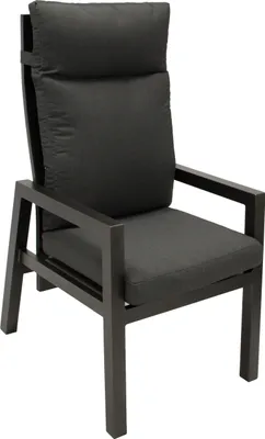 A dark gray outdoor chair with cushions, shown from a three-quarter angle against a white background.
