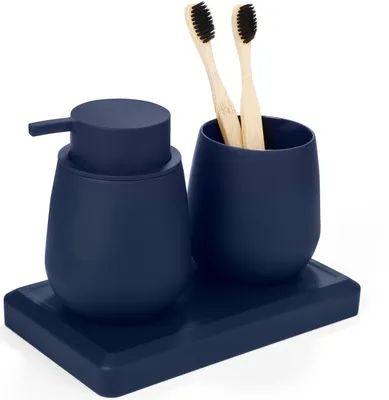 Produktbild von Badezimmer Set 3-teilig Seifenspender Zahnputzbecher Tablett Blau ABS Kunststoff