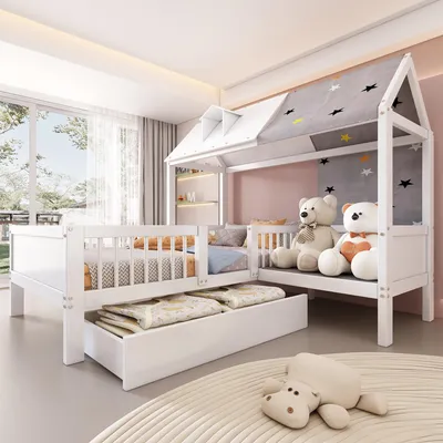 Immagine prodotto di Letto a forma di casetta - 90 x 200 cm, bianco, in legno di pino e MDF, con cassetti, con spazio contenitivo, lettino a forma di casetta per la cameretta dei bambini