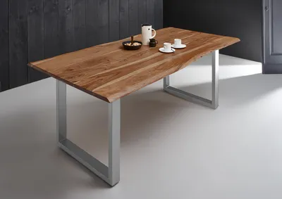Produktbild von Esstisch Baumkante massiv Akazie natur 140 x 80 U-Gestell silber MILO
