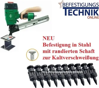 A nail gun is shown in use, attaching a nail to a steel beam, with accompanying text and product details.