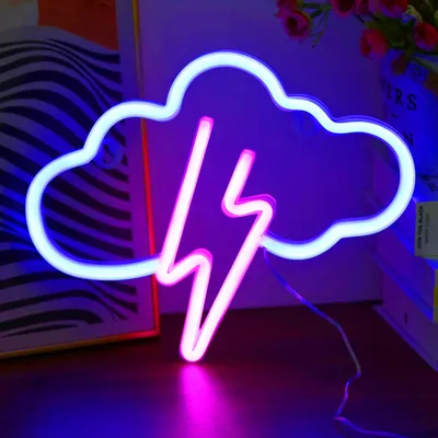 A neon sign shaped like a cloud with a lightning bolt inside, lit up with blue and pink lights, placed on a surface.
