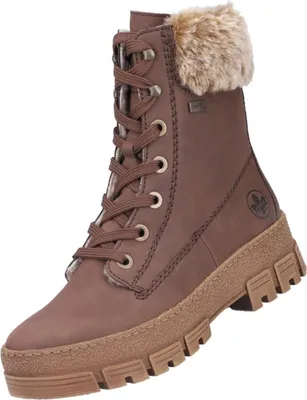 Auf dem Bild ist ein brauner Stiefel zu sehen der seitlich abgebildet ist. Der Schuh hat eine robuste Sohle und eine strukturiert genähte Oberfläche.