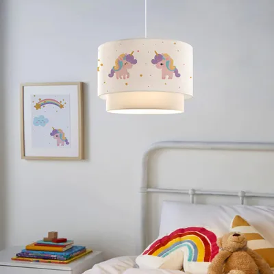 Produktbild von Kinder-Hängeleuchte 'Lurgan' höhenverstellbar mit Einhorn-Motiv Stoffschirm Weiß
