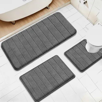 Produktbild von Badematte 3 Stück, Weiche Memory-Schaum-Badematte und U-Förmiger WC-Vorleger, rutschfest SaugfäHig, Waschbar, Weich Und Schnell Trocknend, Badezimmerteppich für Dusche, Toilette, Badewanne