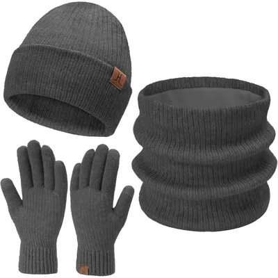 Productafbeelding van Dames en heren, beanie muts en sjaal set, 3-delig, donkergrijs, gebreid, uni