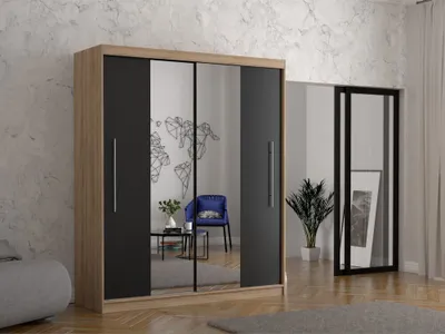 Produktbild von Schwebetürenschrank Kleiderschrank Schrank Garderobe Spiegel Torino (Sonoma/Schwarz) + Spiegel und Beleuchtung 200cm