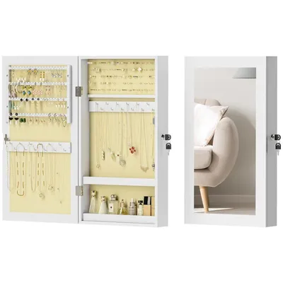 Produktbild von Schmuckschrank mit Spiegel – Schmuckvitrine – Wandmontierter Schmuckschrank mit Spiegel – Mit 2 Sicherheitsschlüsseln – 6,5 x 9,5 x 67 cm – Weiß