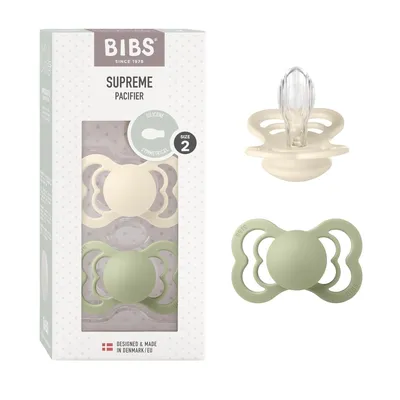 Produktbild von BIBS Supreme Schnuller 2er-Pack, BPA-frei, Symmetrischer Nippel. Silikon, Hergestellt in Dänemark. Größe 2 (6-18 Monate), Ivory / Sage