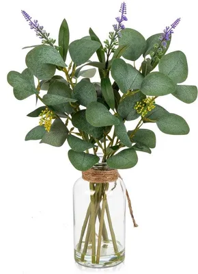 Produktbild von Künstliche Eukalyptusstengel mit Lavendel in Glasvase 38cm Dekoration