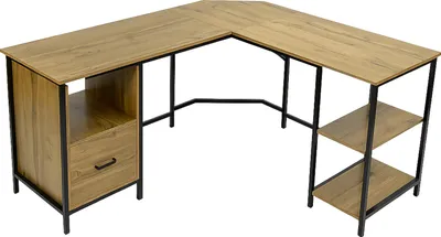 Zdjęcie produktu dla Biurko narożne duże z szafką i półkami industrialne, sękowana olcha, do biura i pokoju 149x137x74,5 cm | BEGRYF