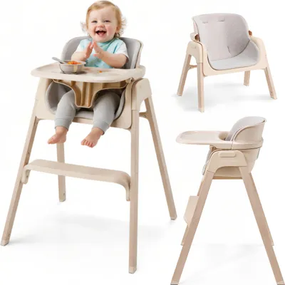 Image de Chaise haute pliable Moby-System LUMO 3 en 1 – Chaise haute pour bébés et enfants, 2 hauteurs, avec plateau et harnais 5 points, beige
