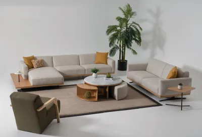 Image de Salon Canapé d'angle en L Canapé Fauteuil Table basse Table d'appoint Coussin