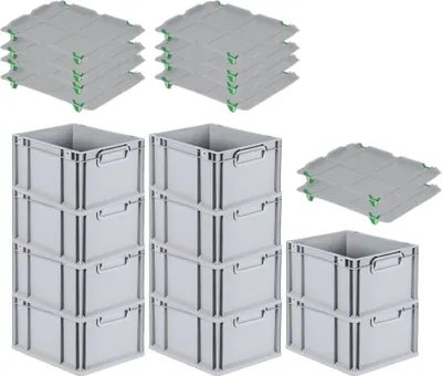Produktbild von SparSet 10x Eurobox NextGen Grip mit Auflagedeckel inkl. 4 grünen Schiebeschnappverschlüssen | HxBxT 22x30x40cm | 20 Liter | Grau | Griffe geschlossen | Glatter Boden | Eurobehälter, Transportbox, Transportbehälter, Stapelbehälter