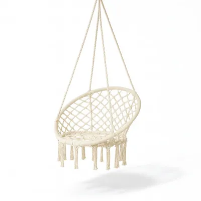 A cream-colored macrame hanging chair is suspended against a white background.