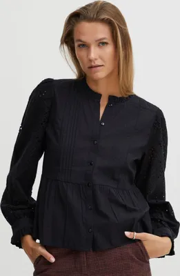 Produktbild von ATELIER RÊVE ICHI IRLUIE SH Damen Langarmshirt Langarmbluse Bluse Hemdbluse Stehkragen mit Spitzendetails und Rüschen aus 100% Baumwolle