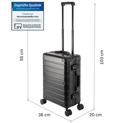 Immagine prodotto di Travelhouse Oslo Premium Trolley a cabina in alluminio 55 cm nero – Valigia senza cerniera – Lucchetto TSA – Trolley da cabina – 41,5 L
