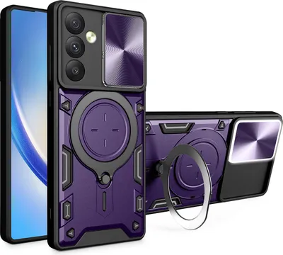 A product shot of a phone case with a ring stand and camera cover, shown from multiple angles.