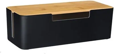 Produktbild von PolkaHome® Kabelmanagement-Box mit Bambusdeckel, Kabelbox für Steckdosenleisten, Ordnungsbox für Schreibtisch & Zuhause, Schwarz