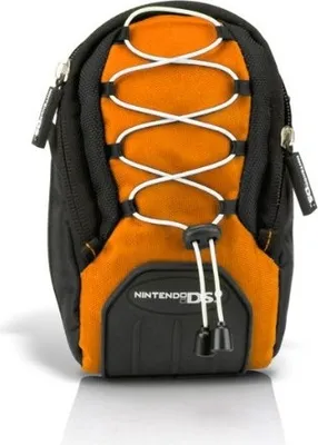 A small orange and black backpack for a Nintendo DS console.