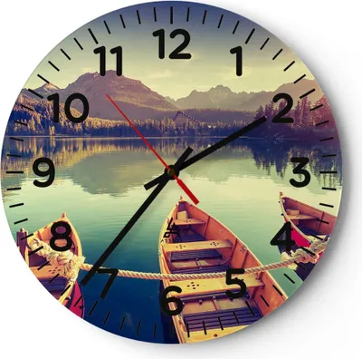 Produktbild von Wanduhr - Rund - Glasuhr - Berge See Boot - 40x40cm - Schleichendes Uhrwerk - Lautlos - zum Aufhängen bereit - Dekoration Modern - Wanddekoration aus Glas - C4AR40x40-3652