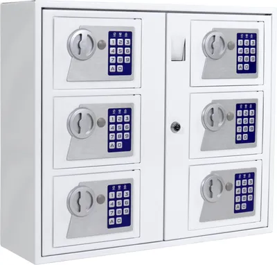 A white electronic lock cabinet with six individual compartments, each with a digital keypad and a dial.