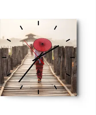 Produktbild von Wanduhr - Quadrat - Glasuhr - Birma Regenschirm Brücke - 40x40cm - Schleichendes Uhrwerk - Lautlos - zum Aufhängen bereit - Dekoration Modern - Wanddekoration aus Glas - C3AC40x40-4261
