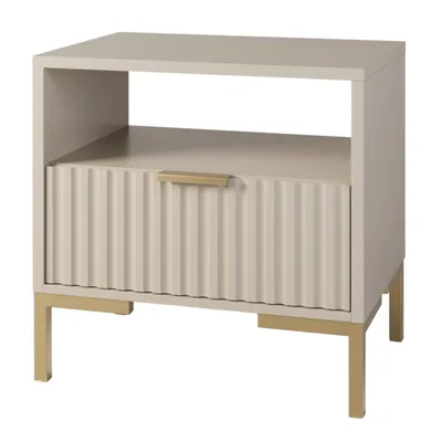 Produktbild von Nachttisch Kaschmir Beige 42x30x45 cm mit 1 Schublade – Moderne Nachtkommode mit geriffelter Front, Glamour Stil