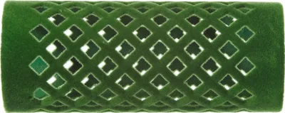 A green hair curler with a diamond-shaped cutout pattern.