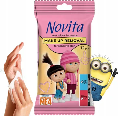 Zdjęcie produktu dla NOVITA Minions Nawilżane chusteczki do demakijażu dla nastolatków, 12 szt.