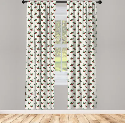 Produktbild von ABAKUHAUS Weihnachten Vorhänge, Gardinen, Stechpalmen-Beeren-Mistelzweig-Frucht-Muster-Saisonsymbol des Friedensthemendruckes, 2 Stück 75 x 175 cm, , Grün Weiß Rot