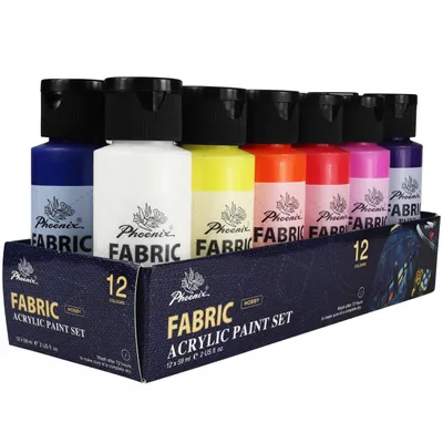 Zdjęcie produktu dla Farby do Tkanin Phoenix – Zestaw 12 Kolorów po 59 ml - Farby do Malowania Ubrań, Koszulek i Spodni - Trwałe, Wysokopigmentowane Farby Tekstylne