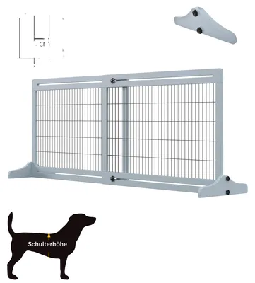Obrázok produktu pre Ochranná mreža pre psov, dĺžka 104–183 cm, výška 36 cm, voľne stojaca konštrukcia, nastaviteľná šírka, odolné borovicové drevo a oceľ
