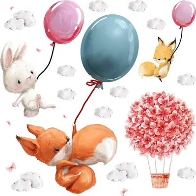 Produktbild von Wandaufkleber Kinderzimmer – Wandsticker für Baby & Kinder – Selbstklebende Wanddekoration – Abnehmbar ohne Rückstände – Deko für Mädchen & Jungen - Kleine Tiere mit Luftballons in Aquarellfarben100x127 cm