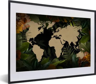 Produktbild von MuchoWow® MuchoWow® Gerahmtes Poster Weltkarte - Pflanzen - Blätter 60x40 cm - Poster mit zchwarzem Bilderrahmen - Schlafzimmer - Plakat in Rahmen - Drucken
