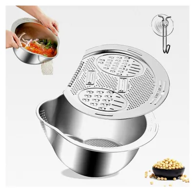 Produktbild von Reiswaschschüssel, Reissieb aus Edelstahl mit Ausgießer, geneigtes Bodendesign, Reissieb zum Waschen mit Deckel, Reis Sieb mit Aufhängehaken, für Nudeln, Gemüse und Obst