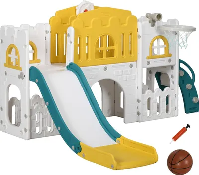 Obrázek produktu pro Dětská skluzavka, 7v1, skluzavka pro batolata s basketbalovým košem, prolézačka, teleskop, tunel, volant, plošinový chodník, úložný koš, dětské hřiště pro děti od 1 do 3 let